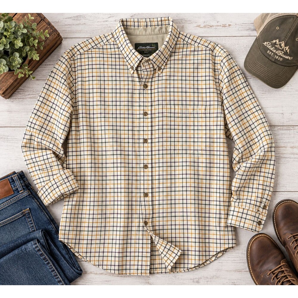 Eddie Bauer Men's XL 100% Cotton Plaid Button Down Shirt Long Sleeve Outdoor
